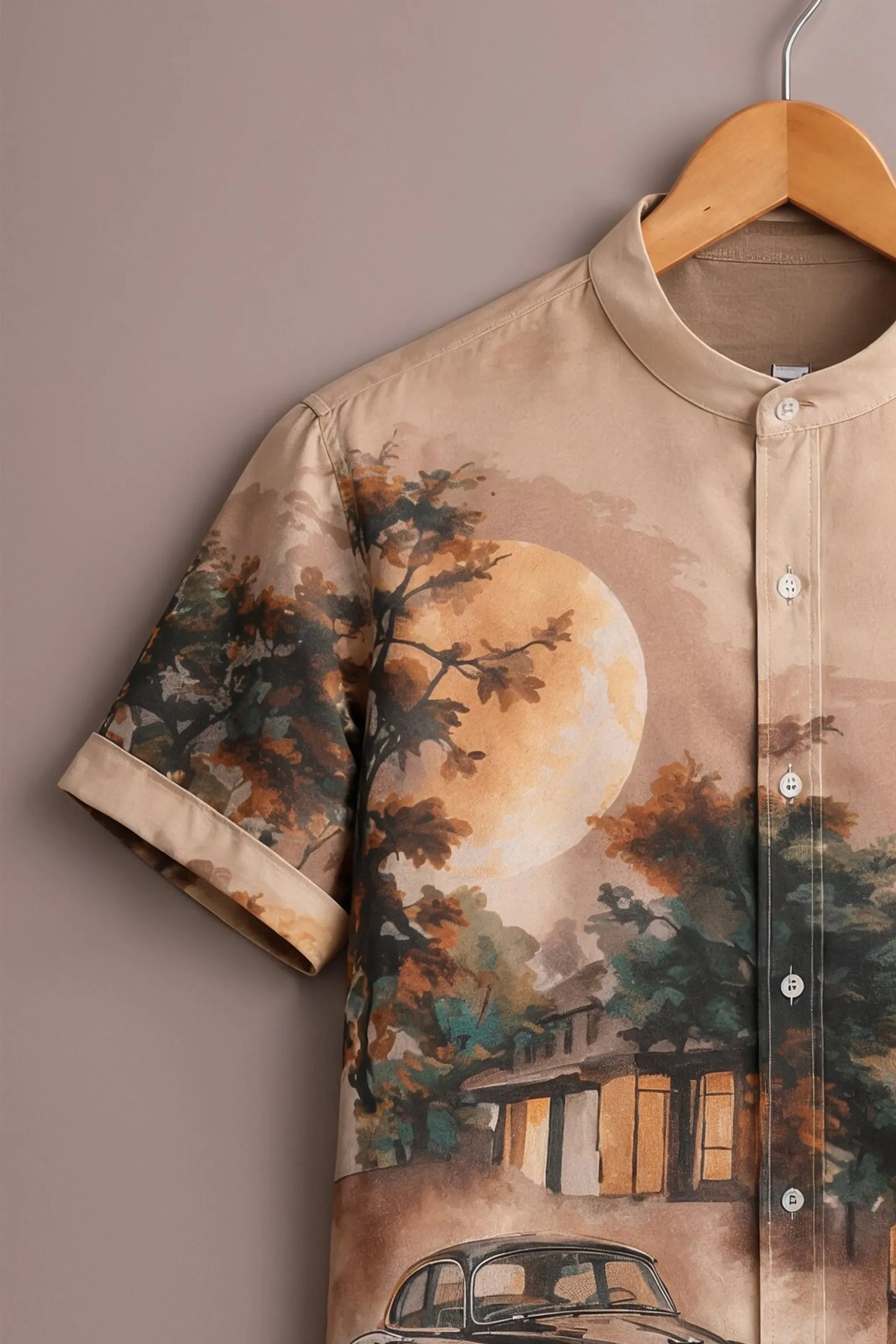 Spretix Men's Premium Vintage Cityscape Graphic Mandarin Collar Half Sleeve Shirt