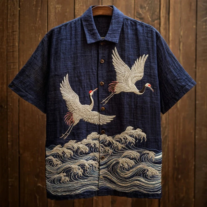 Spretix Premium Navy Blue Japanese Crane & Ocean Wave Art Shirt for Men | Half Sleeve Casual Linen Blend Designer Shirt
