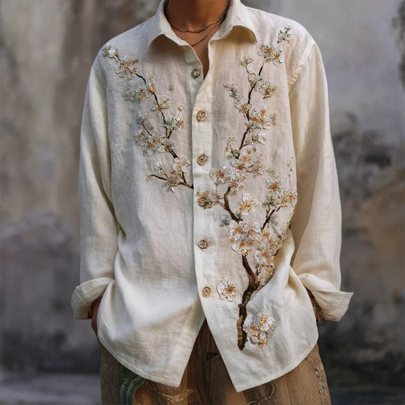 Spretix Premium White Floral Embroidered Shirt for Men | Full Sleeve Casual Linen Blend Designer Shirt