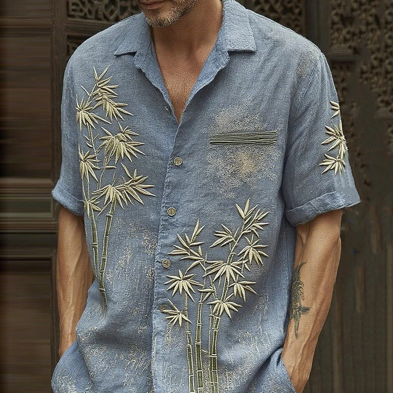 Spretix Premium Sky Blue Bamboo Embroidered Shirt for Men | Half Sleeve Casual Linen Blend Designer Resort Shirt