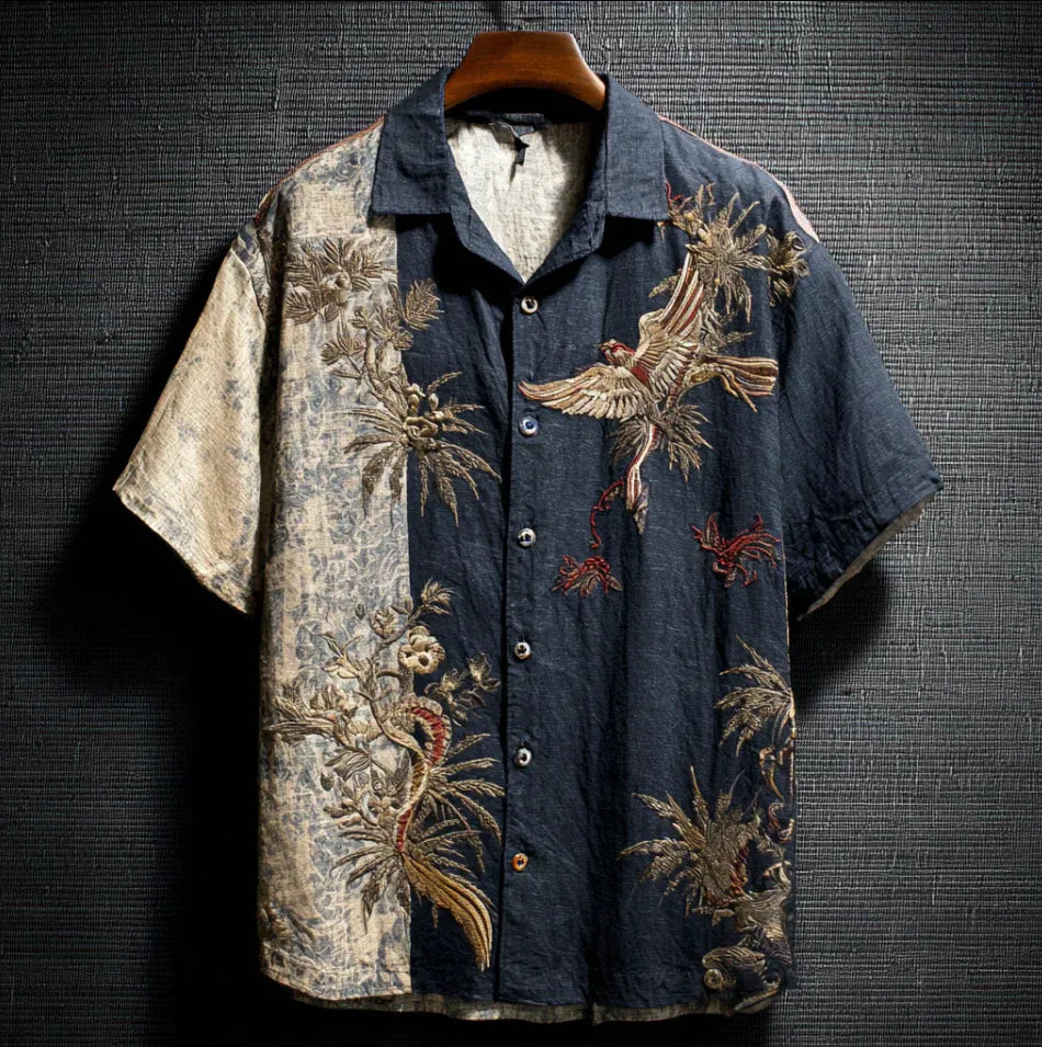 Spretix Premium Black Japanese Crane & Tropical Art Print Shirt for Men | Half Sleeve Casual Designer Linen Blend Shirt