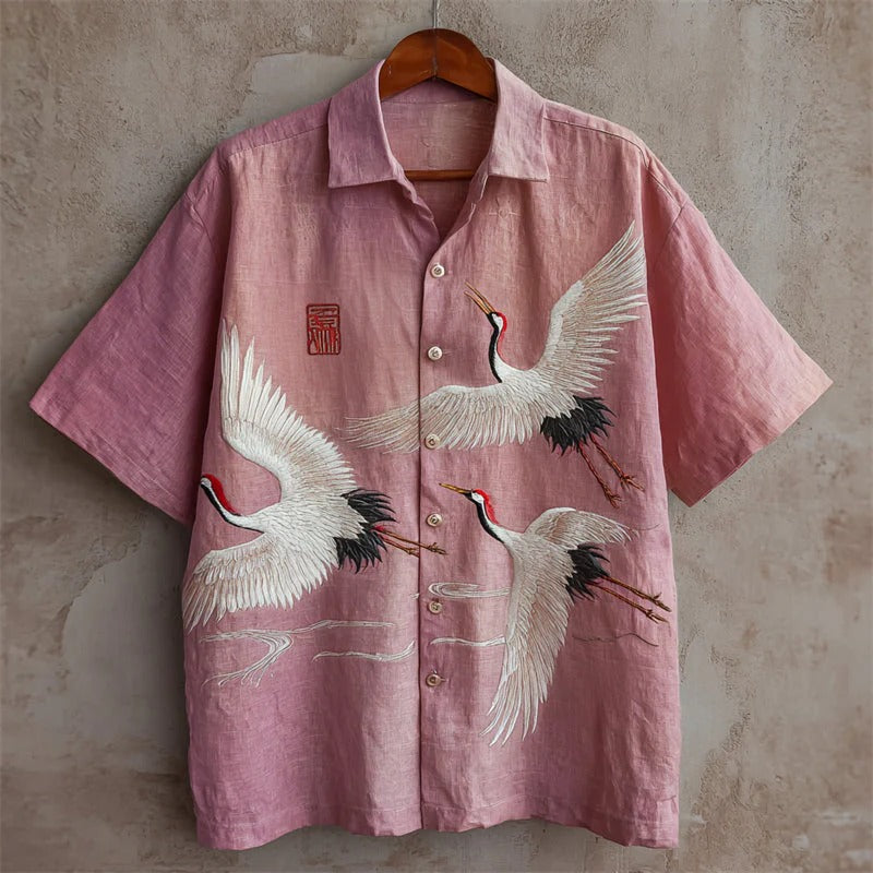 Spretix Premium Pink Japanese Crane Art Shirt for Men | Half Sleeve Casual Linen Blend Designer Shirt