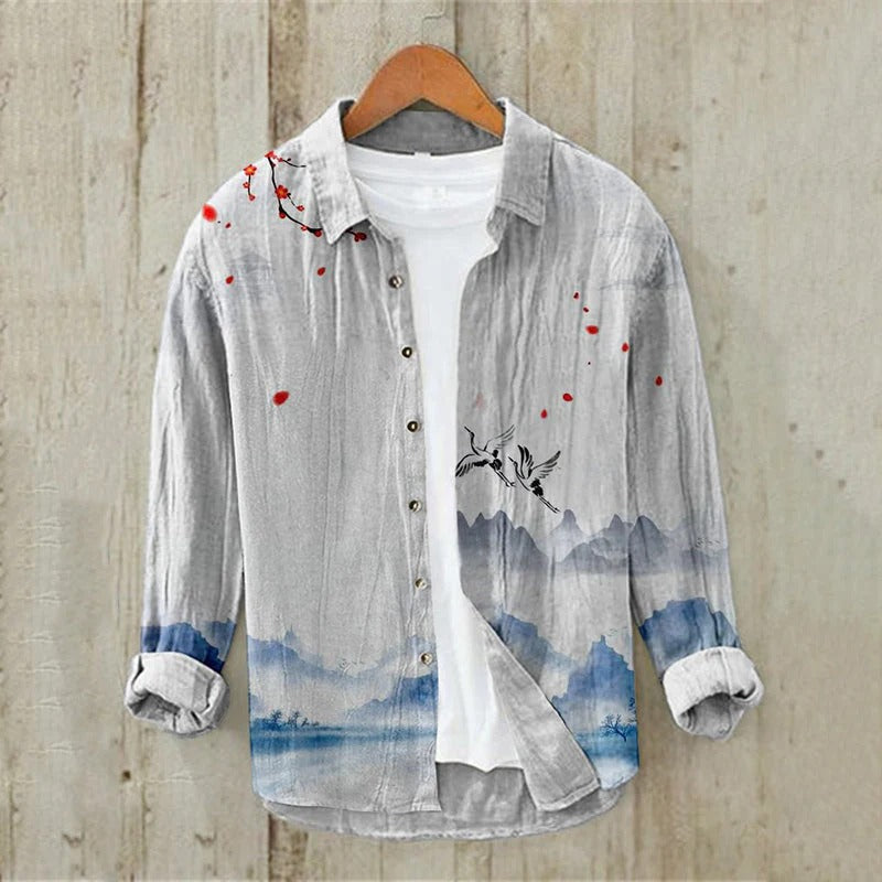 Spretix Premium White Japanese Landscape Crane Print Shirt for Men | Full Sleeve Casual Linen Blend Designer Shirt