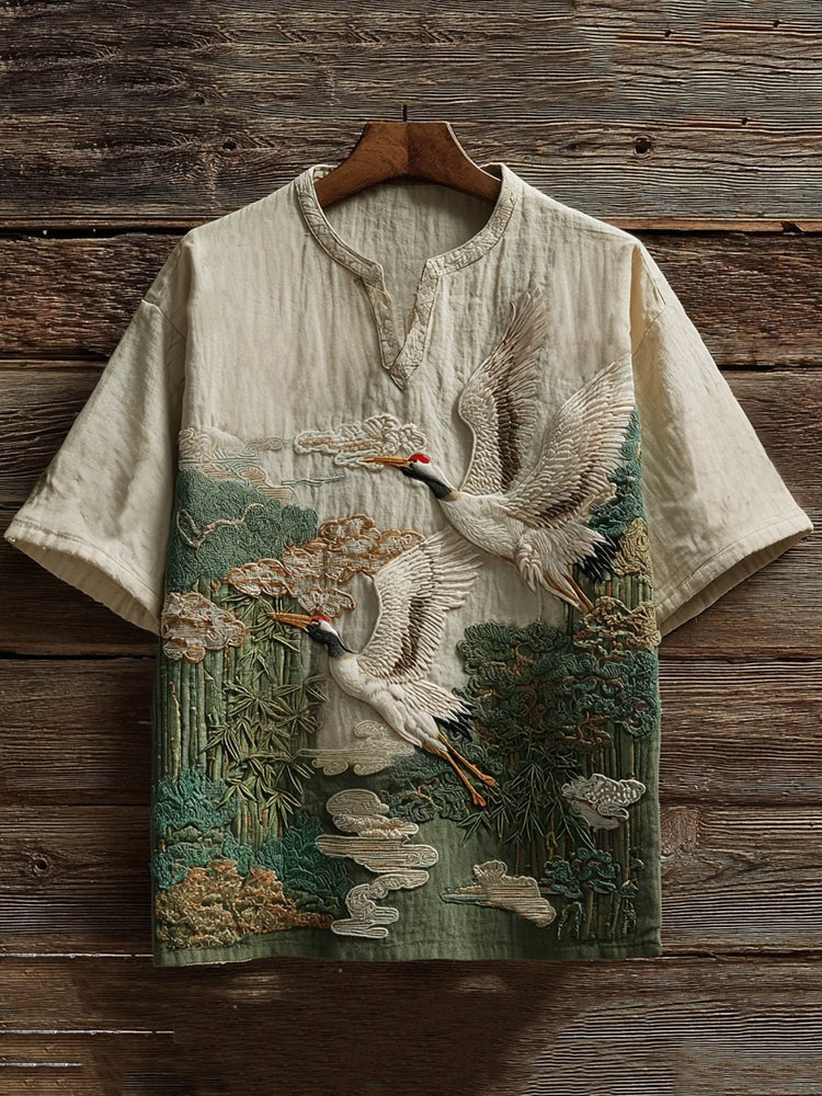 Spretix Premium Japanese Crane Landscape Embroidered T-Shirt for Men | Half Sleeve Mandarin Collar Casual Linen Blend Designer Tee