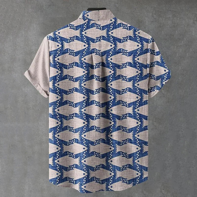 Spretix Premium Blue Fish Print Mandarin Collar Shirt for Men | Half Sleeve Casual Linen Blend Designer Shirt