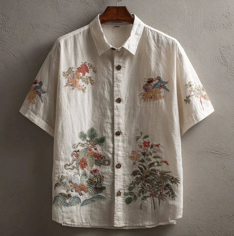 Spretix Premium White Embroidered Tropical Art Shirt for Men | Half Sleeve Button-Down Casual Summer Shirt