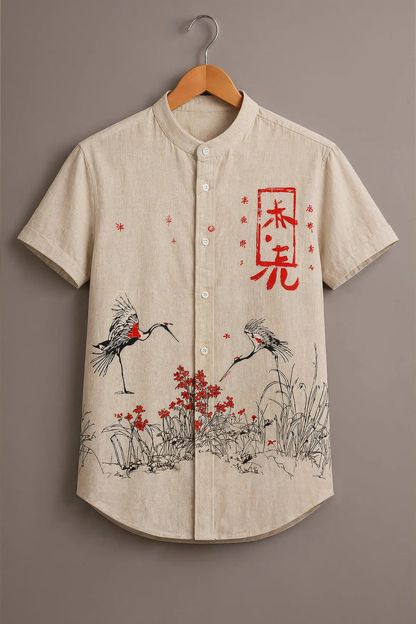 Spretix Men's Premium Japanese Crane Art Mandarin Collar Half Sleeve Shirt