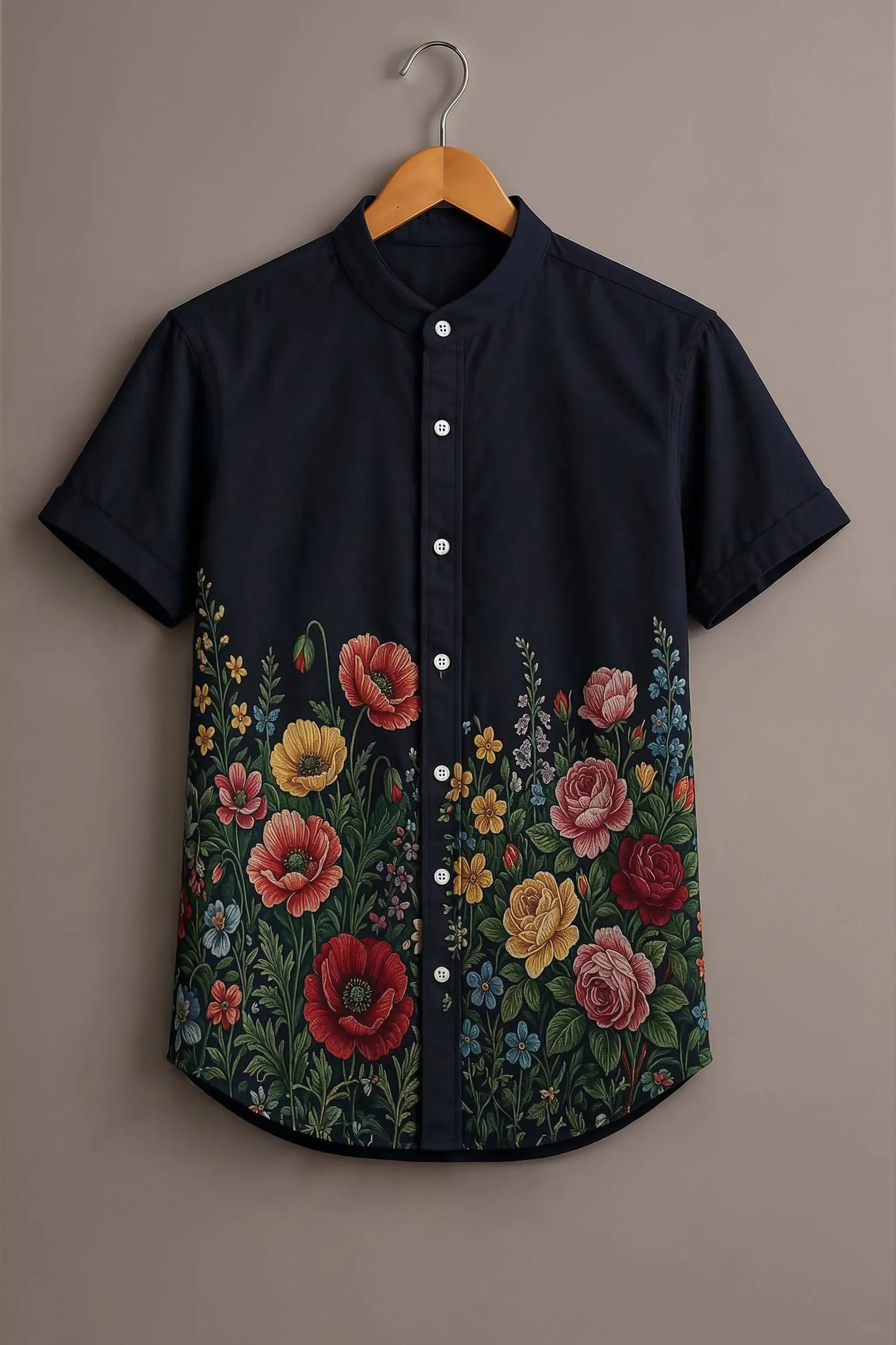 Spretix Men's Premium Floral Garden Print Mandarin Collar Half Sleeve Shirt