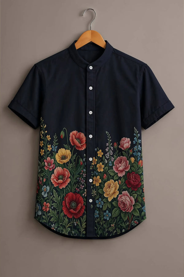 Spretix Men's Premium Floral Garden Print Mandarin Collar Half Sleeve Shirt