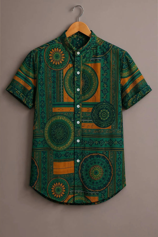 Spretix Men's Premium Geometric Mandala Print Mandarin Collar Half Sleeve Shirt