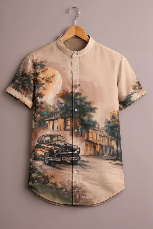 Spretix Men's Premium Vintage Cityscape Graphic Mandarin Collar Half Sleeve Shirt