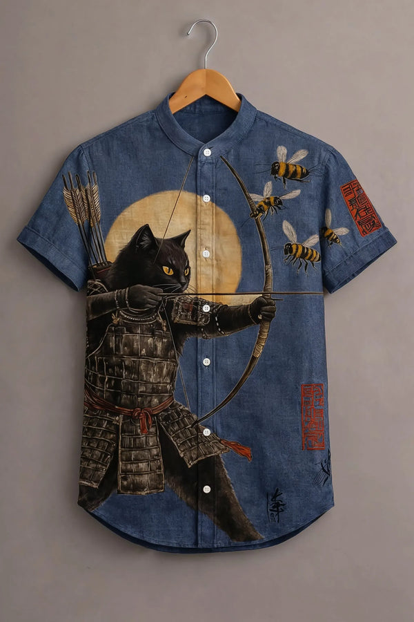 Spretix Men's Premium Samurai Cat Graphic Print Mandarin Collar Half Sleeve Shirt