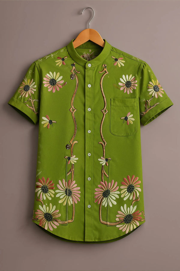 Spretix Men's Premium Botanical Daisy Print Mandarin Collar Half Sleeve Shirt