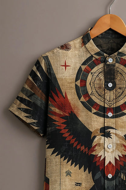 Spretix Men's Premium Eagle Graphic Print Mandarin Collar Half Sleeve Shirt