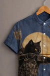 Spretix Men's Premium Samurai Cat Graphic Print Mandarin Collar Half Sleeve Shirt