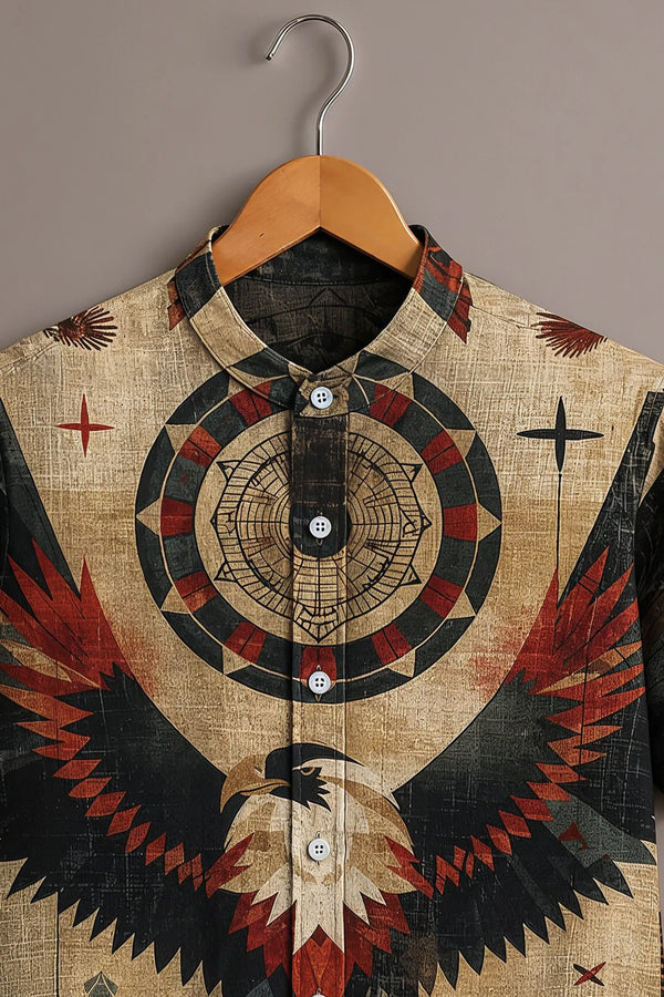 Spretix Men's Premium Eagle Graphic Print Mandarin Collar Half Sleeve Shirt