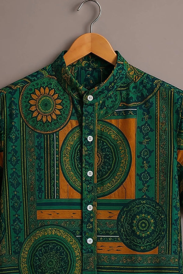 Spretix Men's Premium Geometric Mandala Print Mandarin Collar Half Sleeve Shirt