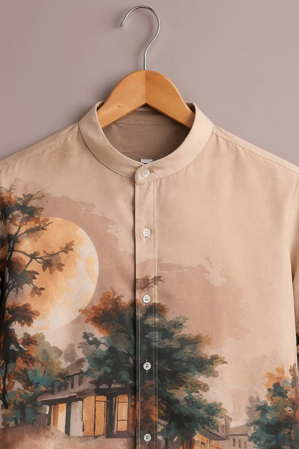 Spretix Men's Premium Vintage Cityscape Graphic Mandarin Collar Half Sleeve Shirt