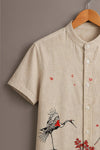Spretix Men's Premium Japanese Crane Art Mandarin Collar Half Sleeve Shirt
