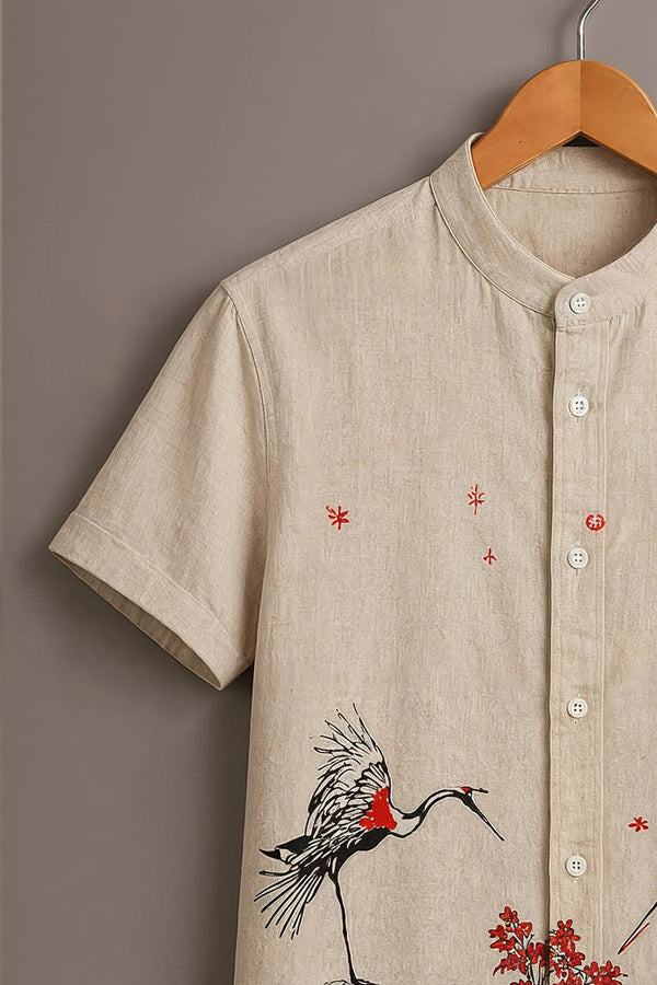 Spretix Men's Premium Japanese Crane Art Mandarin Collar Half Sleeve Shirt