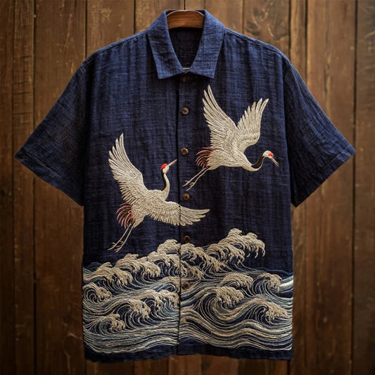 Spretix Premium Navy Blue Japanese Crane & Ocean Wave Art Shirt for Men | Half Sleeve Casual Linen Blend Designer Shirt