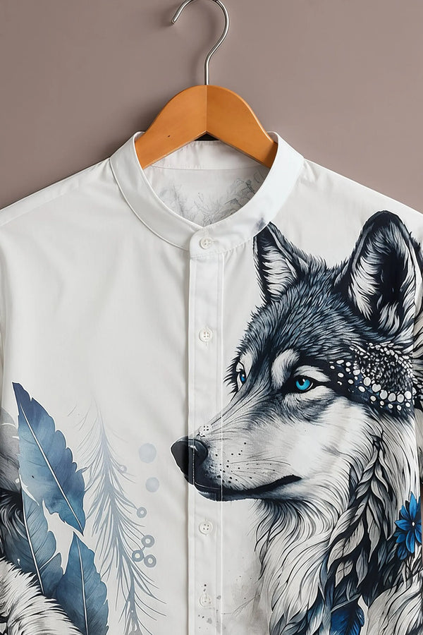 Spretix Men's Premium Wolf Graphic Print Mandarin Collar Half Sleeve Shirt