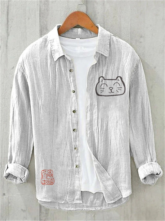 Spretix Premium White Minimalist Cat Graphic Shirt for Men | Full Sleeve Casual Linen Blend Designer Shirt
