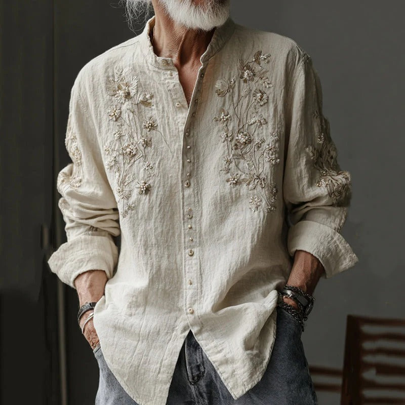 Spretix Premium Ivory Floral Embroidered Shirt for Men | Full Sleeve Mandarin Collar Casual Linen Blend Designer Shirt