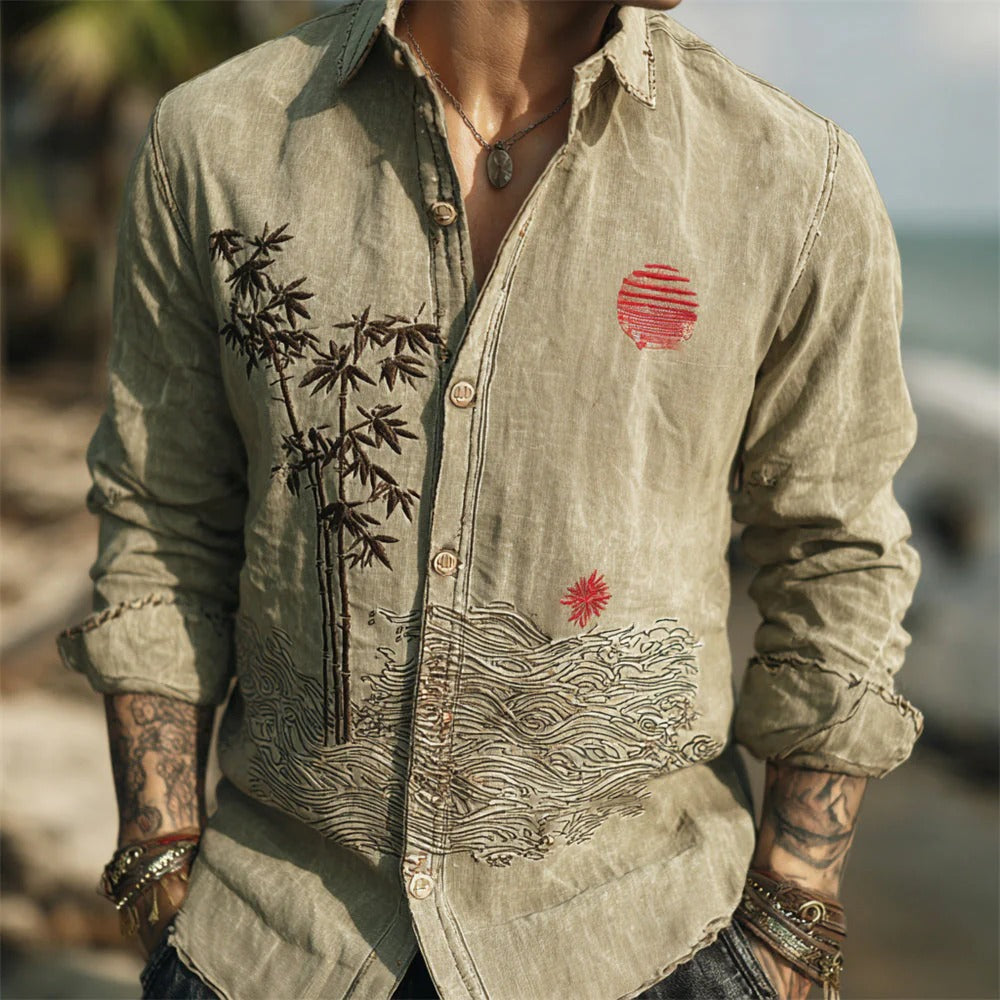 Spretix Premium Olive Green Bamboo Embroidered Shirt for Men | Full Sleeve Linen Blend Japanese Style Casual Designer Shirt