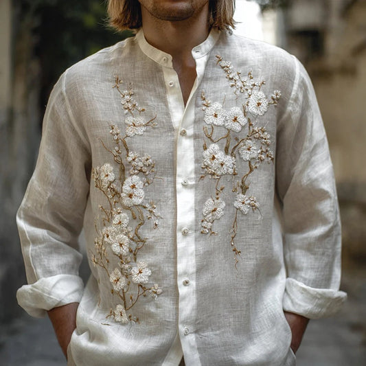 Spretix Premium White Floral Embroidered Mandarin Collar Shirt for Men | Full Sleeve Casual Linen Blend Shirt