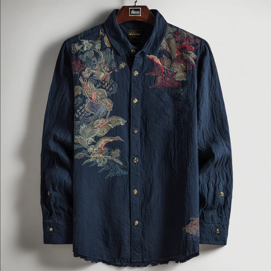 Spretix Premium Navy Blue Botanical Art Shirt for Men | Full Sleeve Casual Linen Blend Designer Shirt