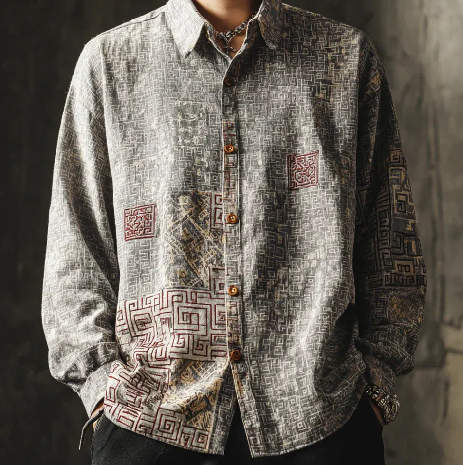 Spretix Premium Grey Geometric Ethnic Print Shirt for Men | Full Sleeve Casual Linen Blend Designer Shirt