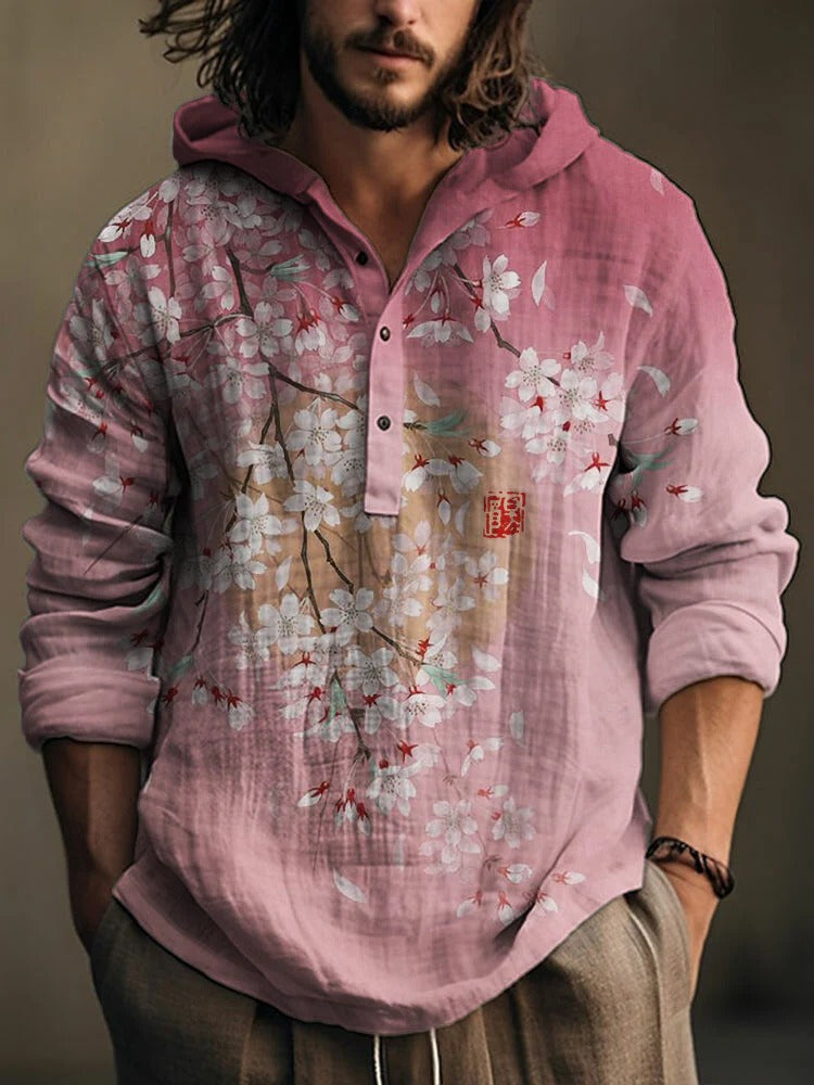 Spretix Premium Pink Cherry Blossom Print Hoodie Shirt for Men | Full Sleeve Casual Designer Hooded Shirt