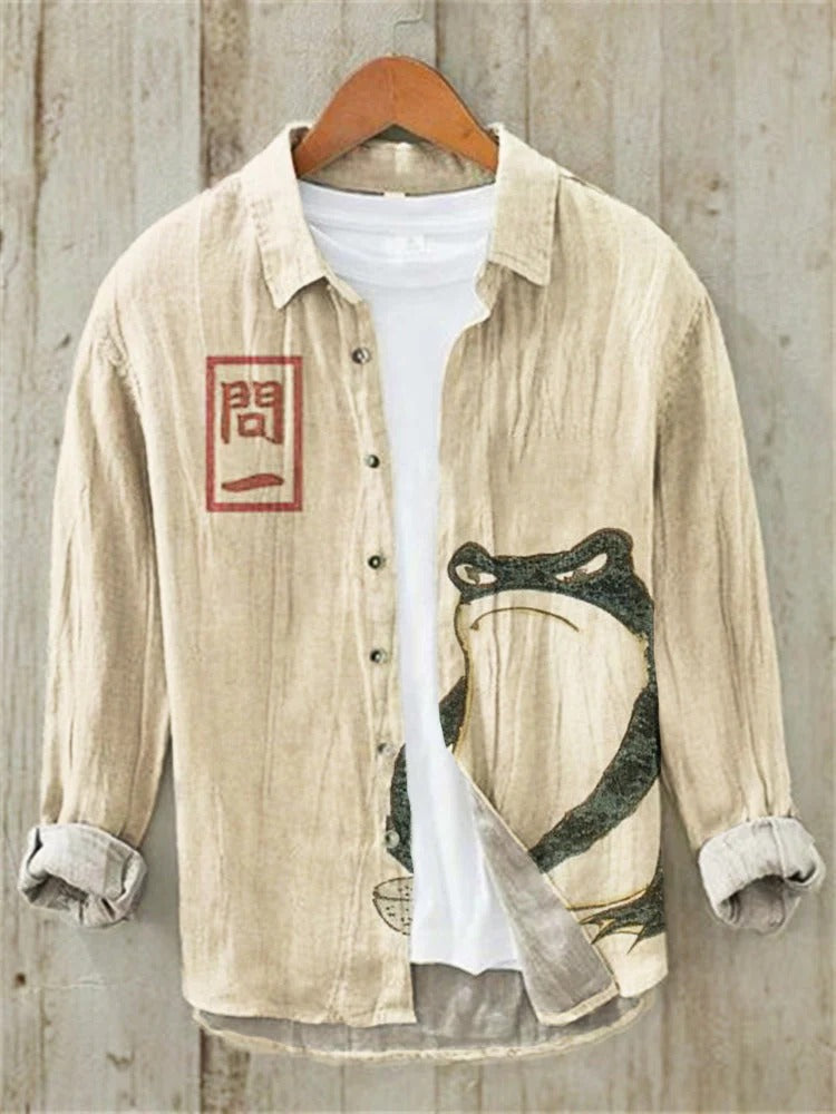 Spretix Premium Beige Japanese Frog Art Shirt for Men | Full Sleeve Casual Linen Blend Designer Shirt