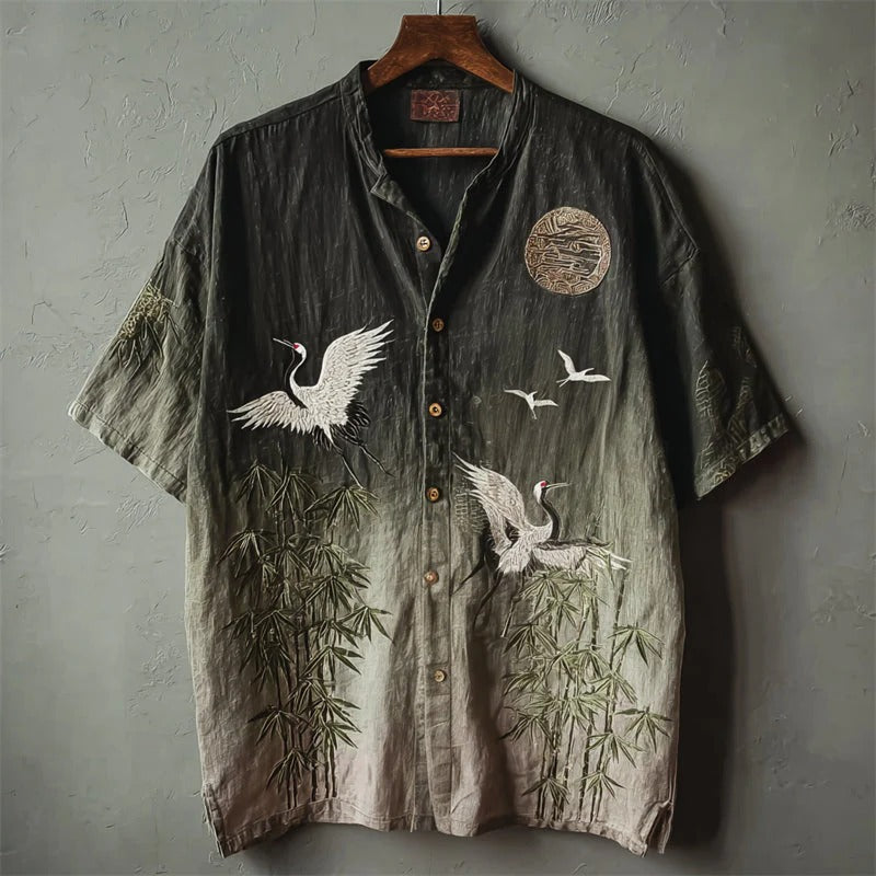 Spretix Premium Black Japanese Crane & Bamboo Art Shirt for Men | Half Sleeve Mandarin Collar Casual Linen Blend Designer Shirt