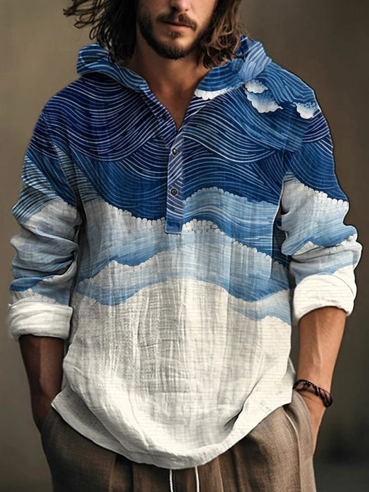 Spretix Premium Blue Ocean Wave Hoodie Shirt for Men | Full Sleeve Casual Linen Blend Designer Beach Pullover