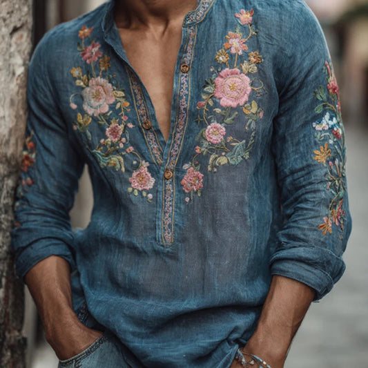Spretix Premium Blue Floral Embroidered Kurta Shirt for Men | Full Sleeve Mandarin Collar Linen Blend Designer Kurta