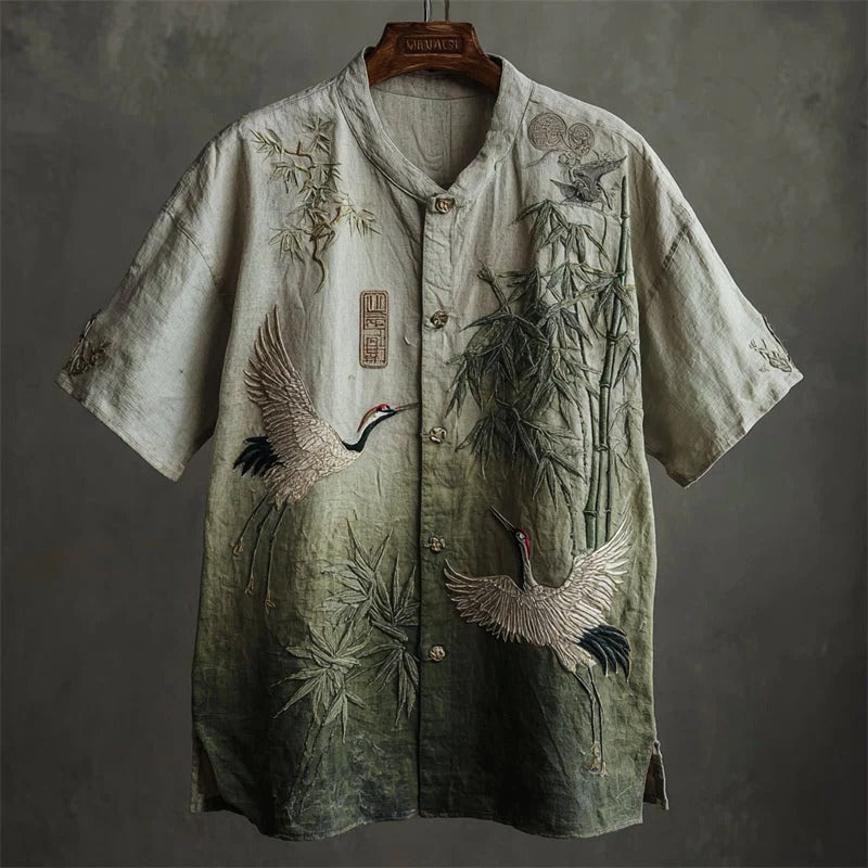 Spretix Premium Japanese Crane & Bamboo Embroidered Shirt for Men | Half Sleeve Mandarin Collar Casual Linen Blend Designer Shirt