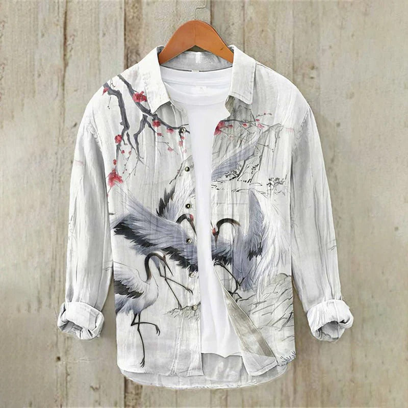 Spretix Premium White Japanese Crane Art Print Shirt for Men | Full Sleeve Casual Linen Blend Button-Down Shirt