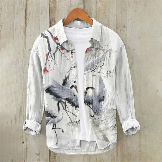Spretix Premium White Japanese Crane Art Print Shirt for Men | Full Sleeve Casual Linen Blend Button-Down Shirt