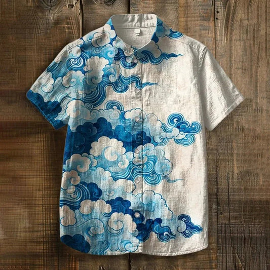 Spretix Premium White Japanese Cloud Print Shirt for Men | Half Sleeve Mandarin Collar Casual Linen Blend Designer Shirt