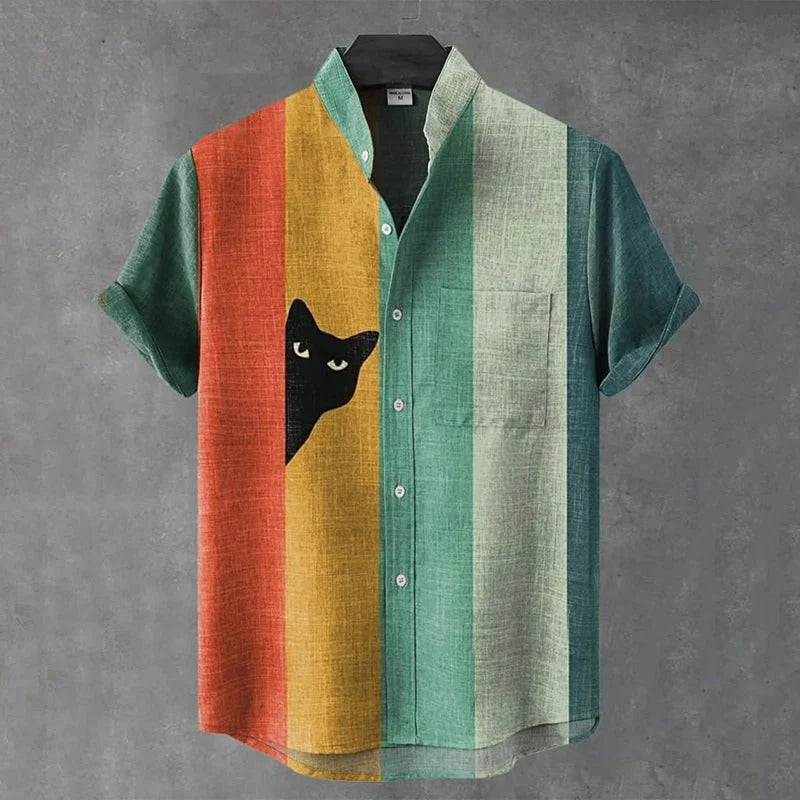 Spretix Premium Multicolor Cat Graphic Stripe Shirt for Men | Half Sleeve Mandarin Collar Casual Linen Blend Shirt