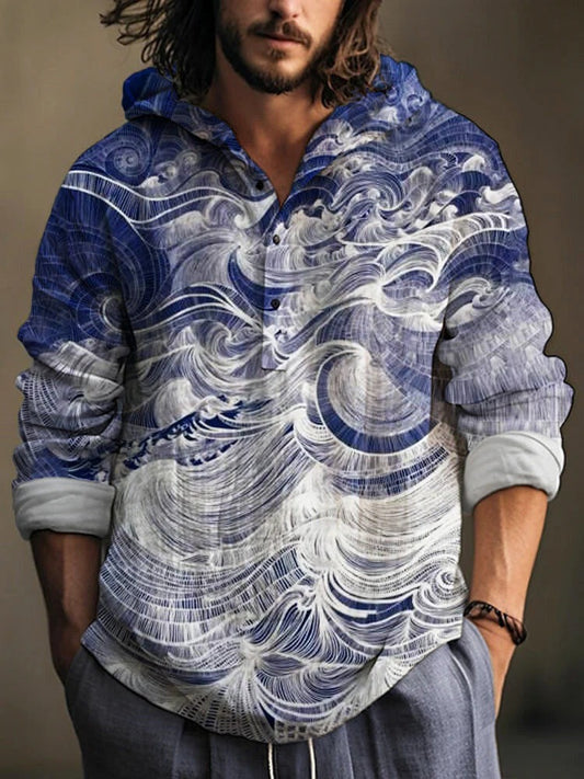 Spretix Premium Blue Ocean Wave Art Hoodie Shirt for Men | Full Sleeve Casual Relaxed Fit Designer Hooded Shirt