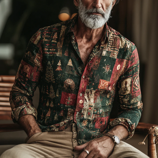 Spretix Premium Vintage Patchwork Print Shirt for Men | Full Sleeve Casual Designer Button-Down Shirt