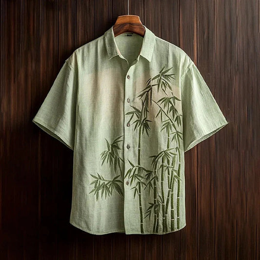 Spretix Premium Sage Green Bamboo Print Shirt for Men | Half Sleeve Linen Blend Japanese Style Casual Designer Shirt