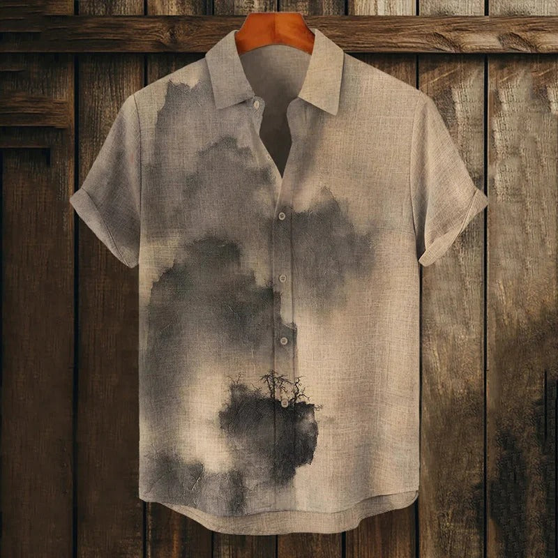 Spretix Premium Beige Ink Wash Print Shirt for Men | Half Sleeve Linen Blend Japanese Style Casual Designer Shirt