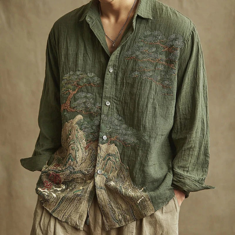 Spretix Premium Olive Green Japanese Landscape Embroidered Shirt for Men | Full Sleeve Casual Linen Blend Designer Shirt
