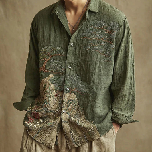 Spretix Premium Olive Green Japanese Landscape Embroidered Shirt for Men | Full Sleeve Casual Linen Blend Designer Shirt