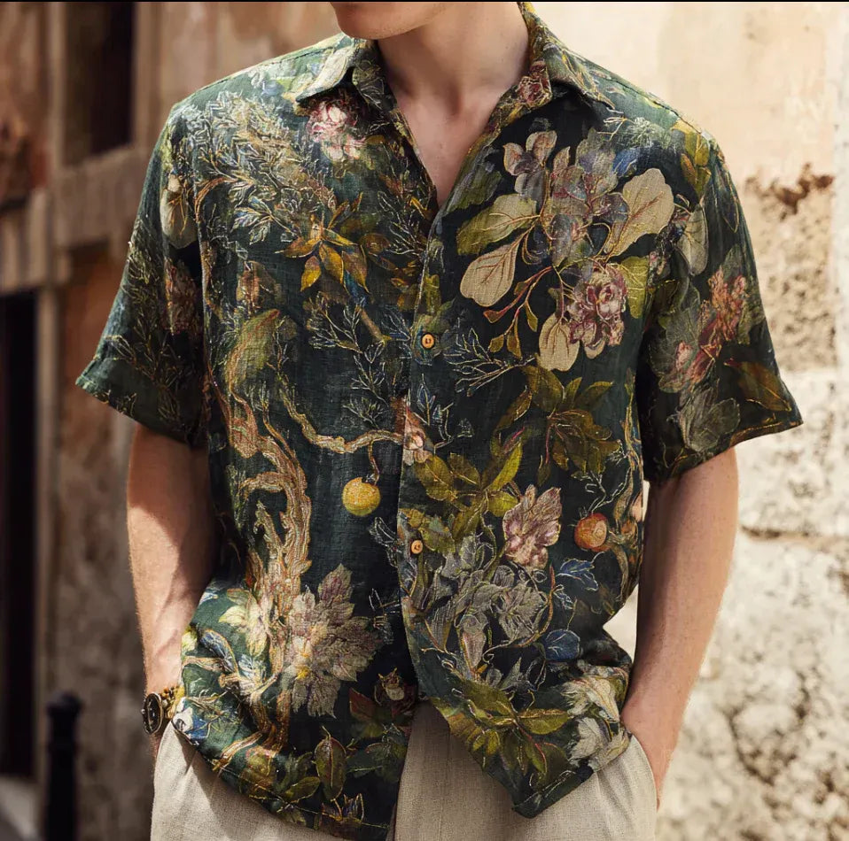 Spretix Premium Dark Botanical Floral Print Shirt for Men | Half Sleeve Casual Designer Linen Blend Shirt