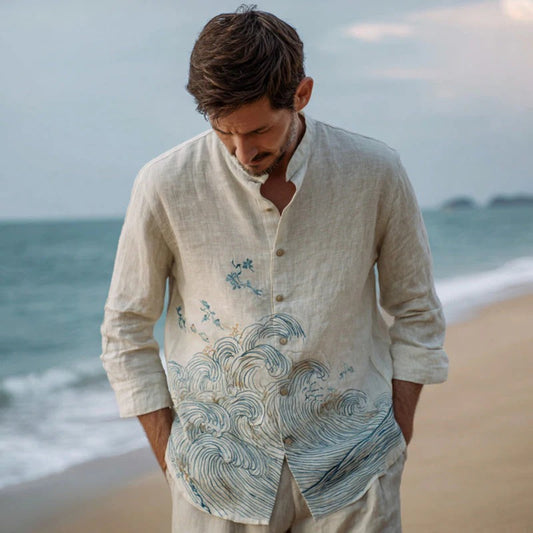 Spretix Premium White Ocean Wave Embroidered Shirt for Men | Full Sleeve Mandarin Collar Casual Linen Blend Designer Beach Shirt